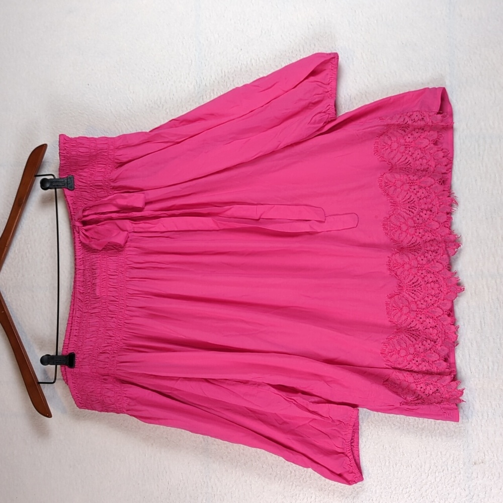 Grand & Greene Pink Fuchsia Smocked Over the Shoulder Lacy Peasant Blouse L